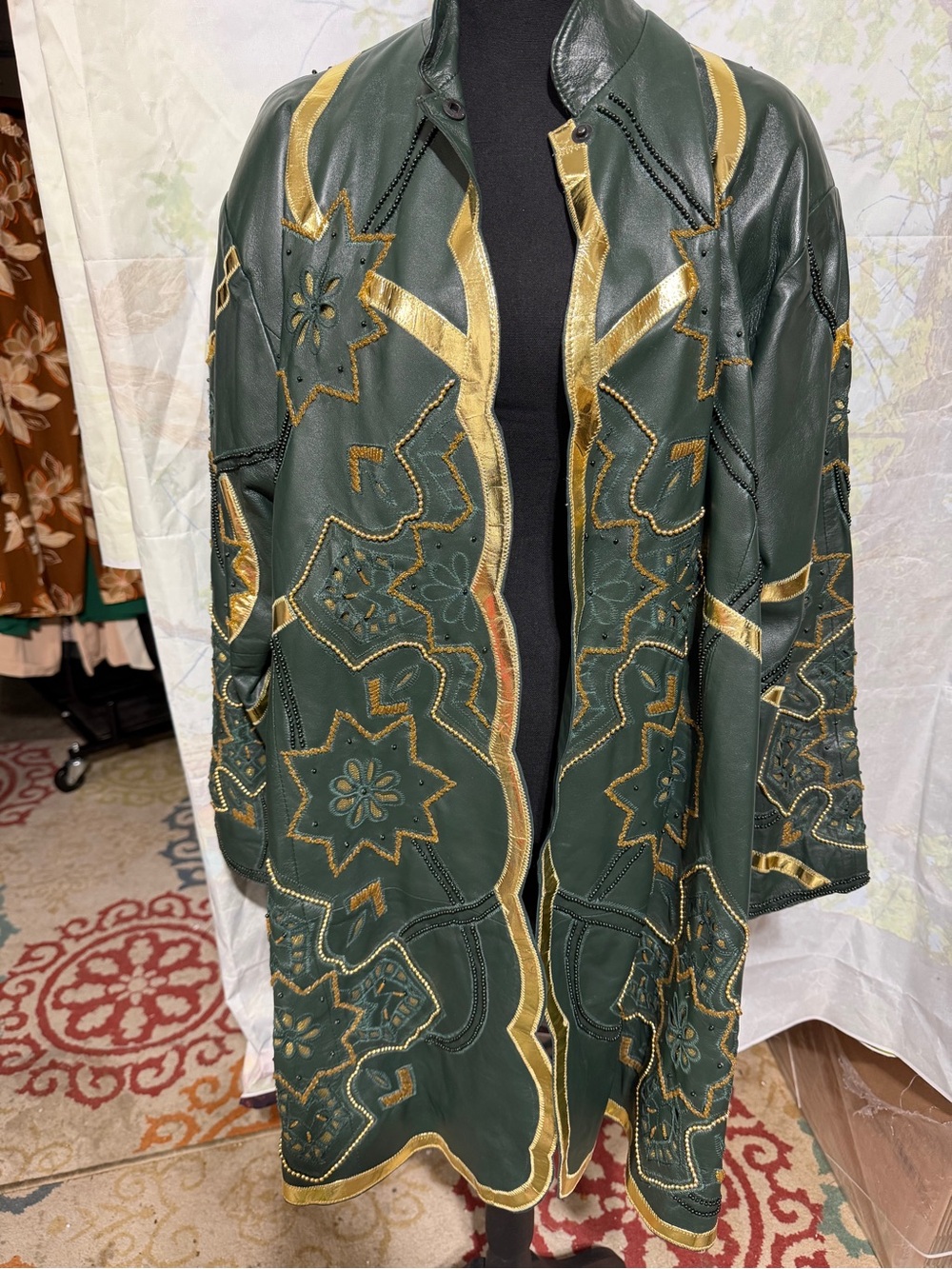 Dark Green Leather Coat with Gold Appliqué